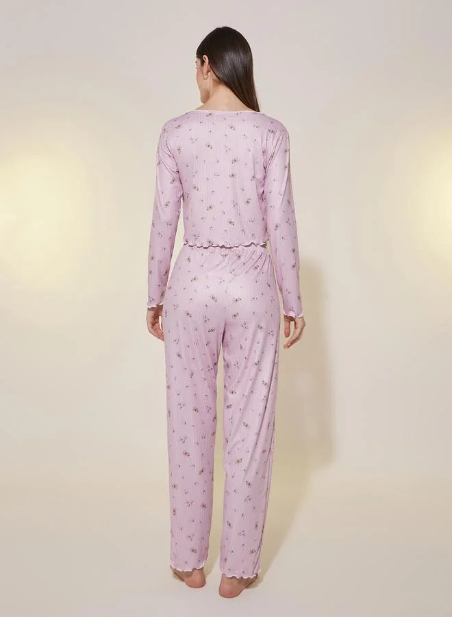 Styli Floral Print Ribbed Lettuce Edge Hem Top and Pyjama Set