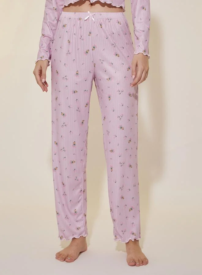 Styli Floral Print Ribbed Lettuce Edge Hem Top and Pyjama Set