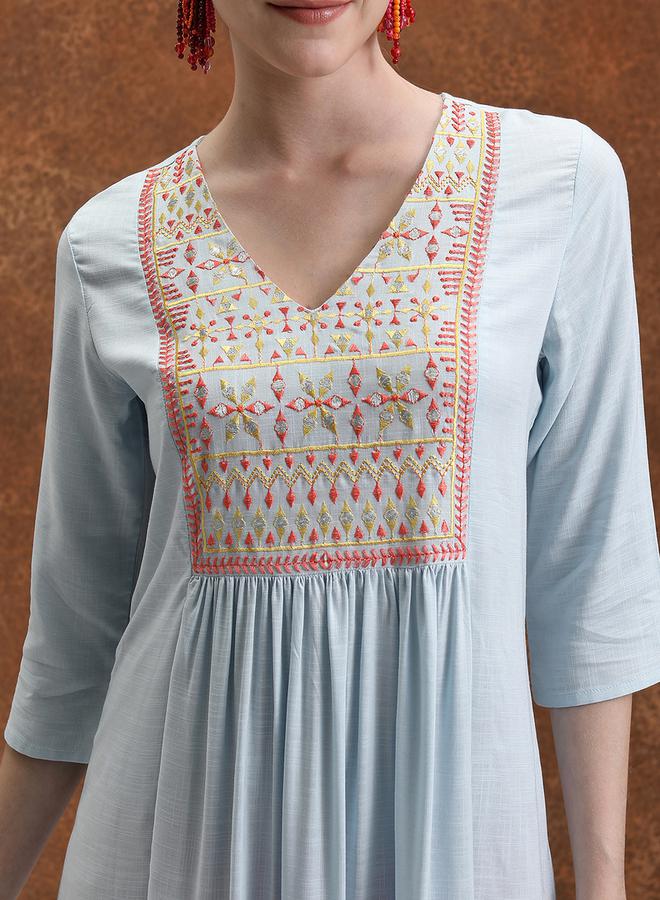 Vishudh Ethnic Motifs Yoke Design Pleated Mirror Work A-Line Kurta by Styli  - Image 5