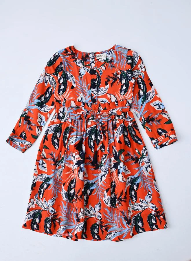 BELLA MODA All-Over Print Fit and Flare Round Neck Dress with Long Sleeves