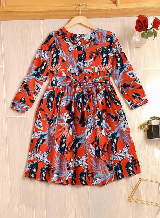 BELLA MODA All-Over Print Fit and Flare Round Neck Dress with Long Sleeves