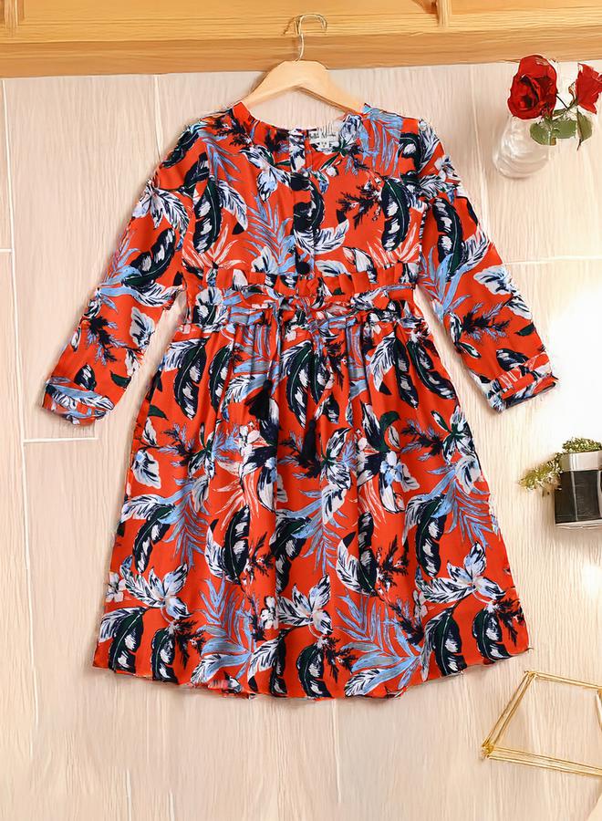 BELLA MODA - All-Over Print Fit and Flare Round Neck Dress with Long Sleeves by Styli - Image 1