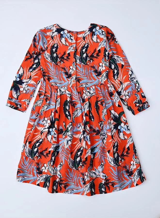 بيلا مودا All-Over Print Fit and Flare Round Neck Dress with Long Sleeves by Styli