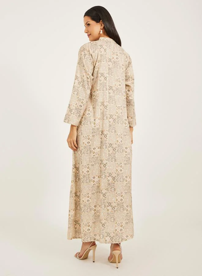 Maxim Creation All-Over Print Mandarin Collar A-Line Jalabiya by Styli