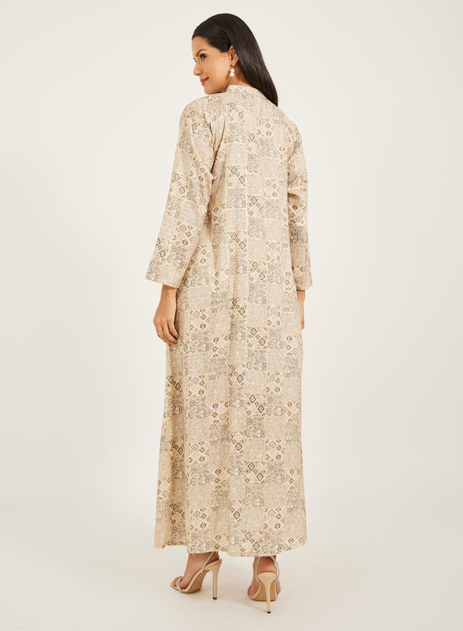 Maxim Creation - All-Over Print Mandarin Collar A-Line Jalabiya by Styli - Image 1