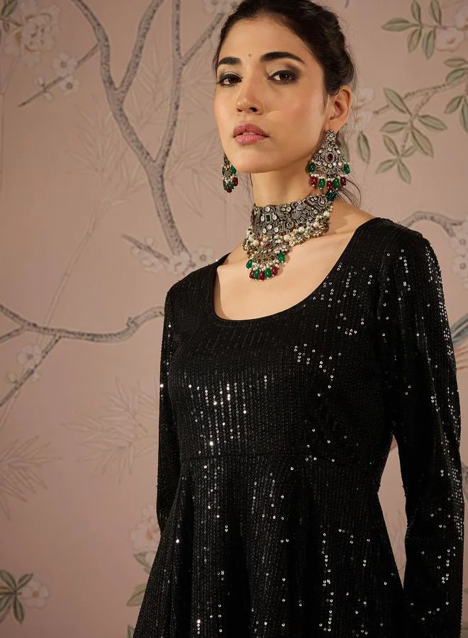 SASSAFRAS Embellished Sequins Peplum Top with Flared Pants Set by Styli