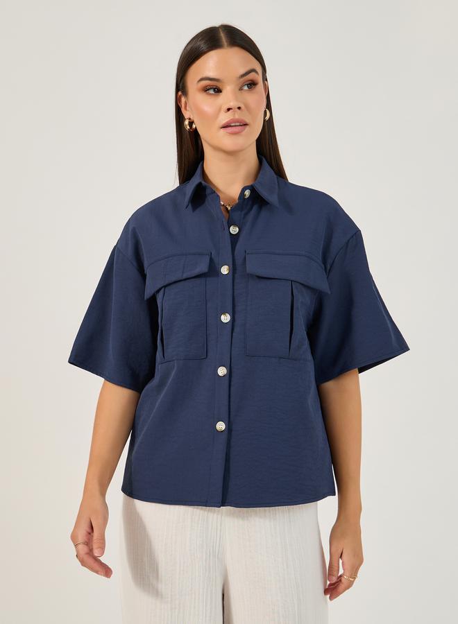 Styli Solid Button-Down Shirt with Pocket Detailing - Image 2