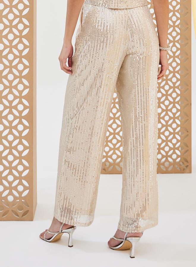 Styli Cream Wide Leg Sequin Pants  - Image 4