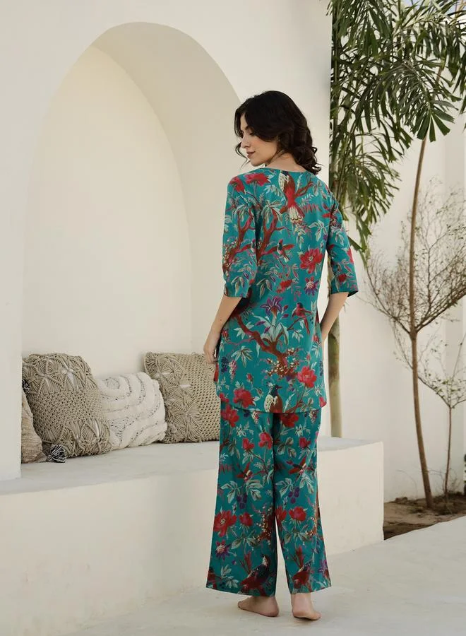 sanskrutihomes Pure Cotton Printed Notch Neck Top and Pyjama Set by Styli
