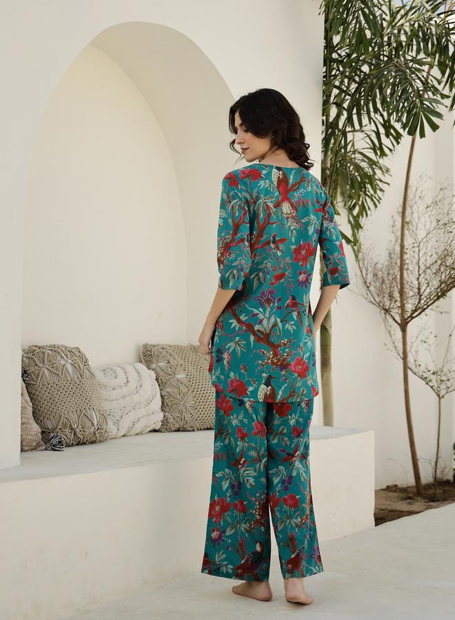 sanskrutihomes Pure Cotton Printed Notch Neck Top and Pyjama Set by Styli  - Image 2