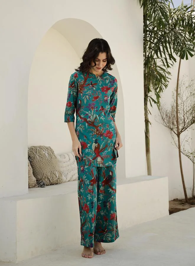sanskrutihomes sanskrutihomes Pure Cotton Printed Notch Neck Top and Pyjama Set