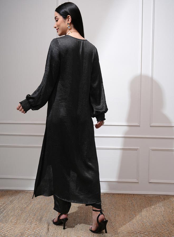 Vishudh Black Satin V-Neck Puffed Sleeves A-Line Kurta with Trousers by Styli  - Image 3