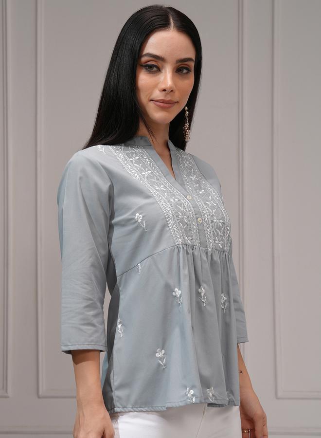 Vishudh - Women Elegant Grey Embroidered Peplum Top by Styli - Image 1