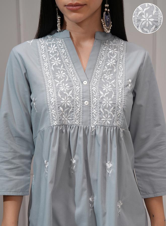 Vishudh - Women Elegant Grey Embroidered Peplum Top by Styli - Image 1