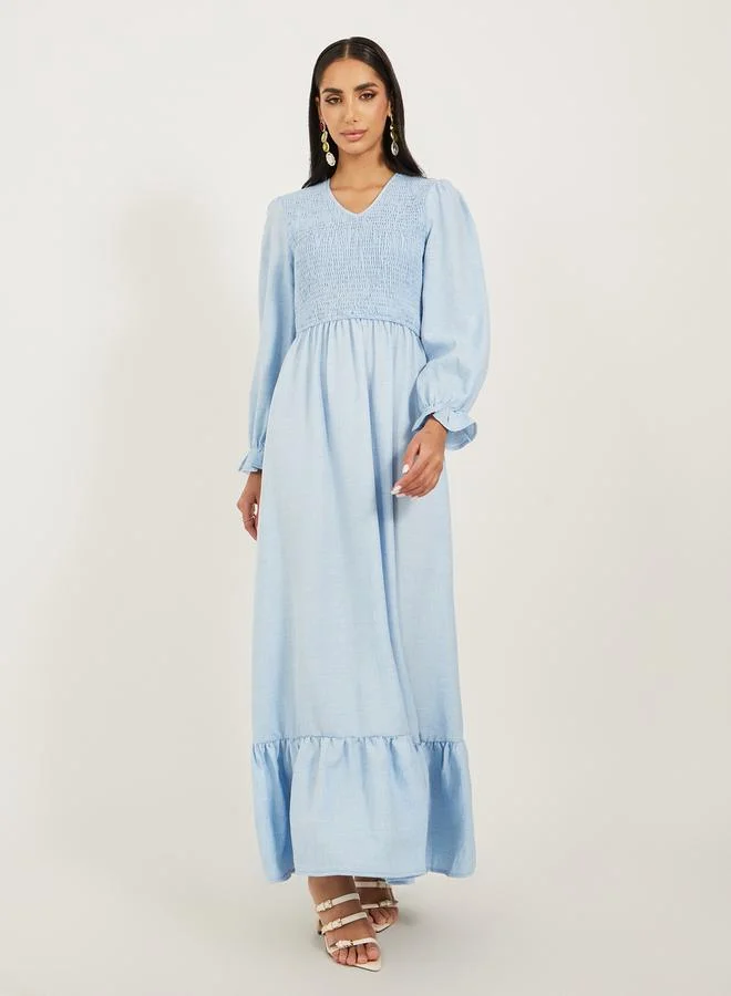 ستايلي Plain Smocked Long Sleeves A-Line Maxi Dress