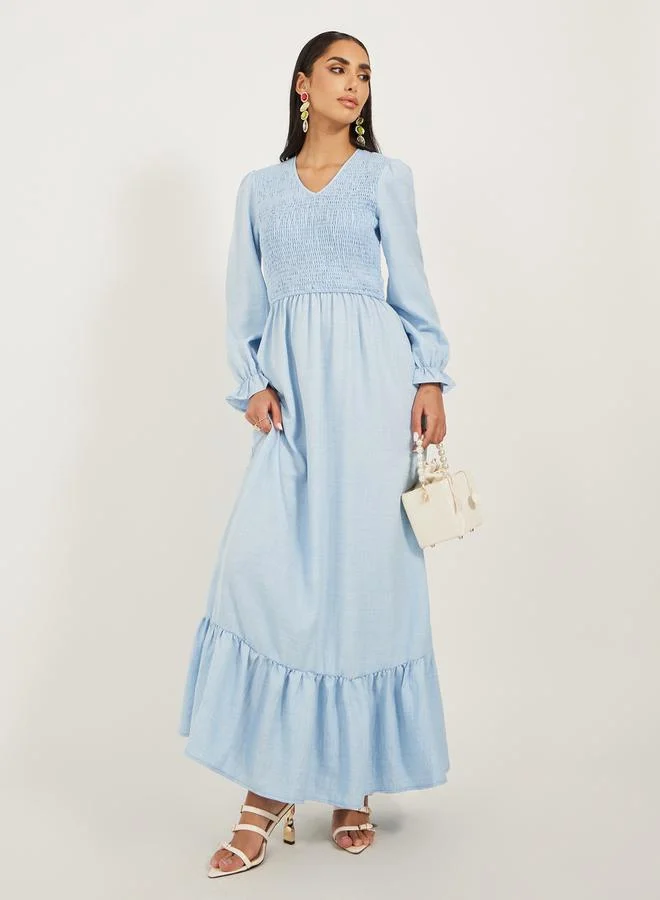 ستايلي Plain Smocked Long Sleeves A-Line Maxi Dress