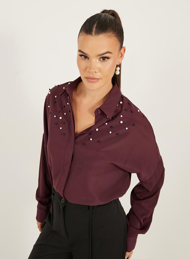 Styli Faux Pearl Embellished Long Sleeve Regular Fit Shirt  - Image 5