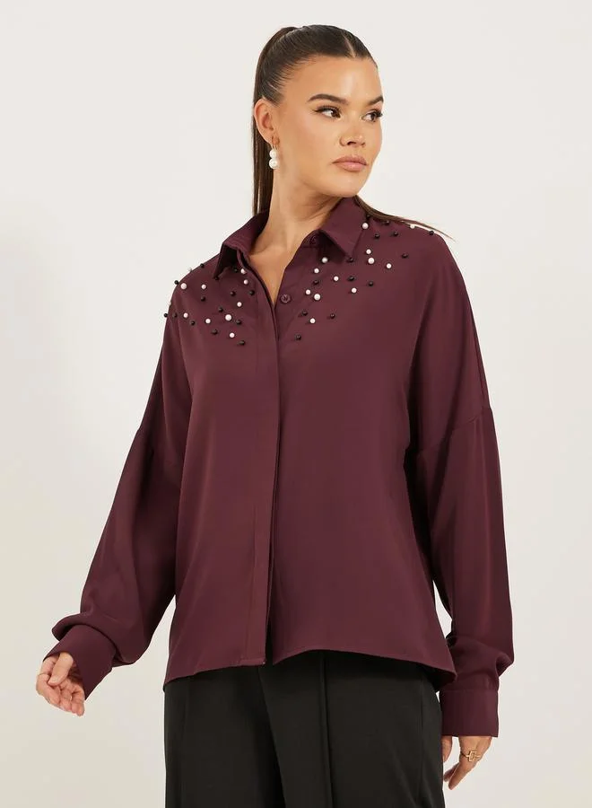 Styli Faux Pearl Embellished Long Sleeve Regular Fit Shirt
