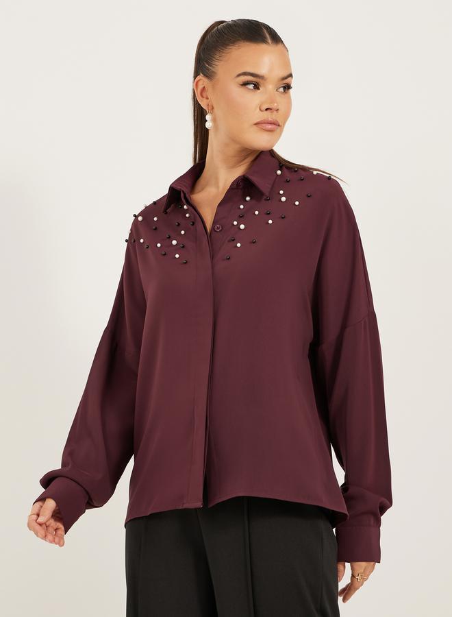 Styli Faux Pearl Embellished Long Sleeve Regular Fit Shirt  - Image 3