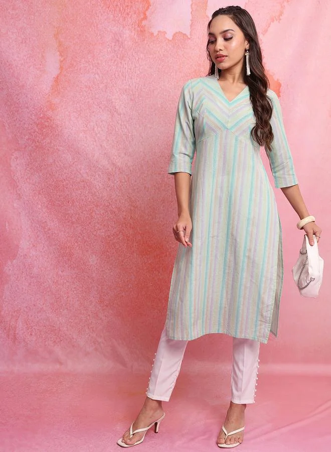 Vishudh Blue Striped V-Neck Three-Quarter Sleeves Empire Kurta by Styli