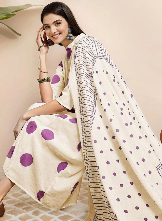 Ishin  Printed Cotton A-Line Kurta And Pants Set for Women | Best Price UAE