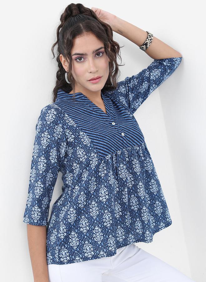 Vishudh - Women Blue Floral Printed A-Line Top by Styli - Image 1