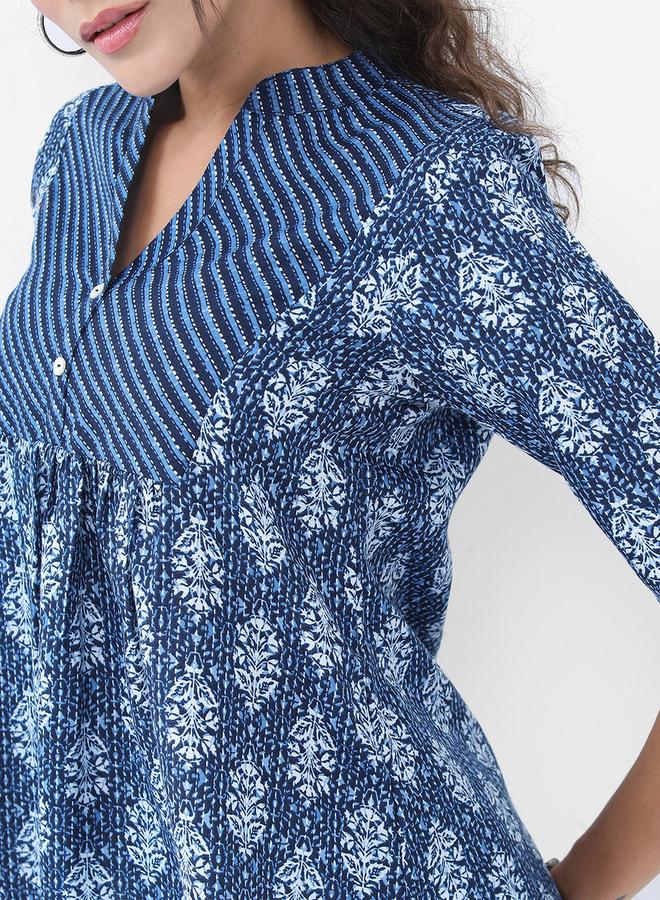 Vishudh - Women Blue Floral Printed A-Line Top by Styli - Image 1
