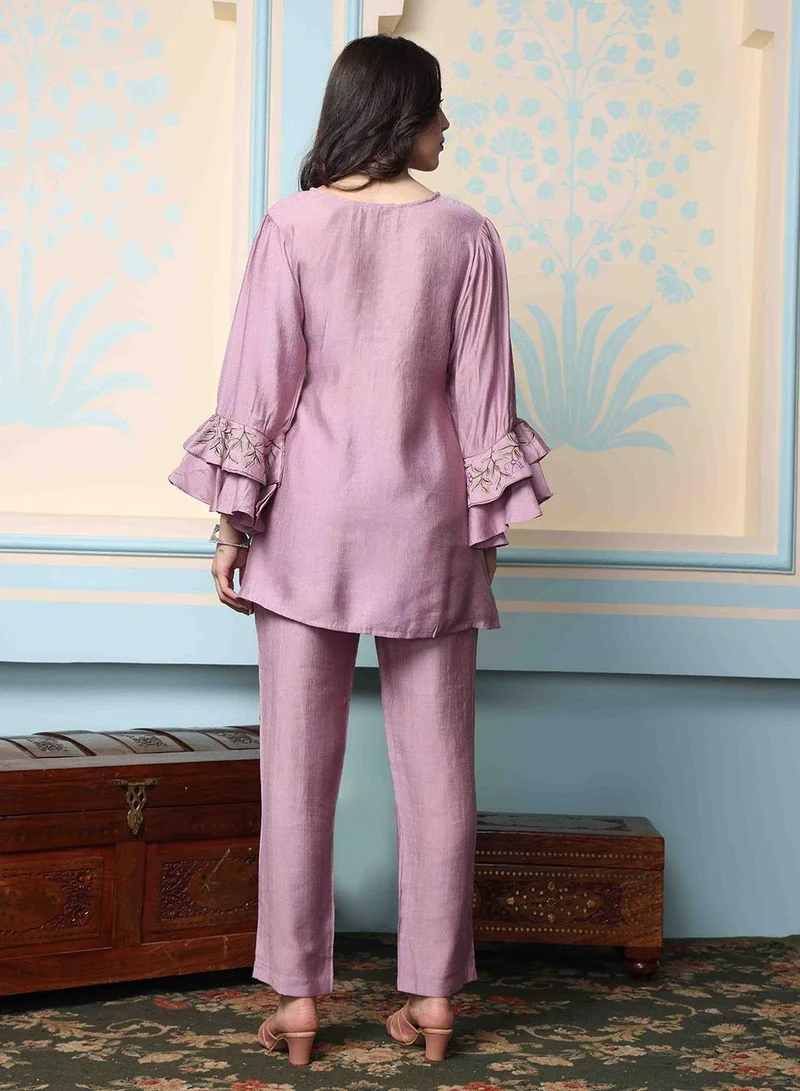 آي شين Women's Lavender Silk Blend Printed Tunic Full Length Palazzo Regular Fit Co-Ords