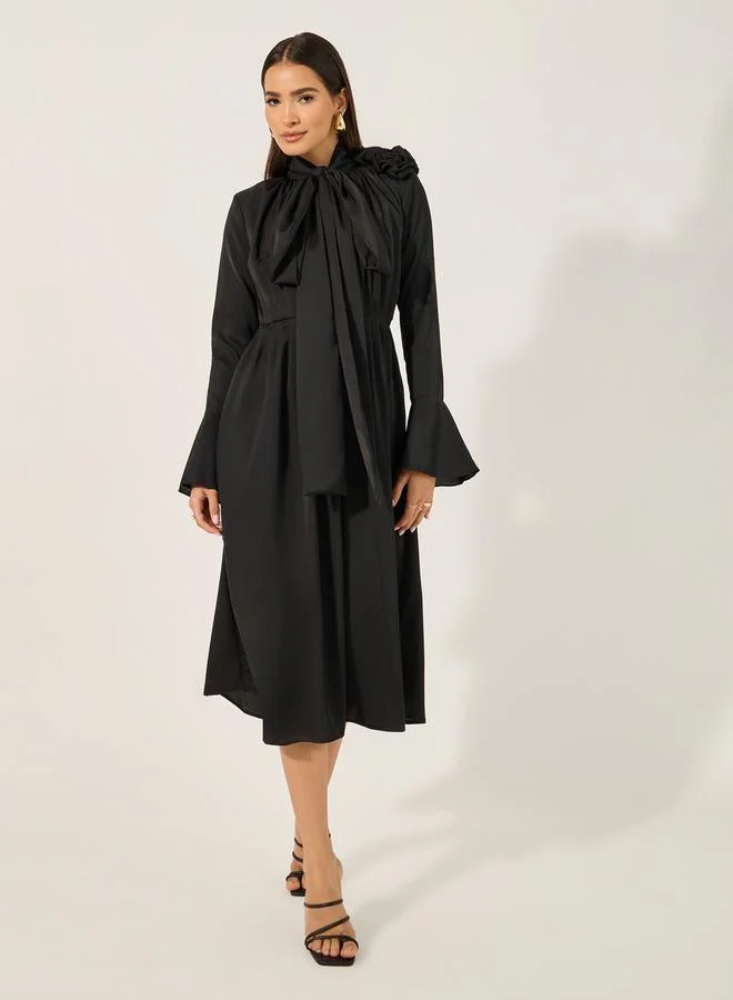 ستايلي Bell Sleeve Tie-Up Neck A-Line Midi Dress