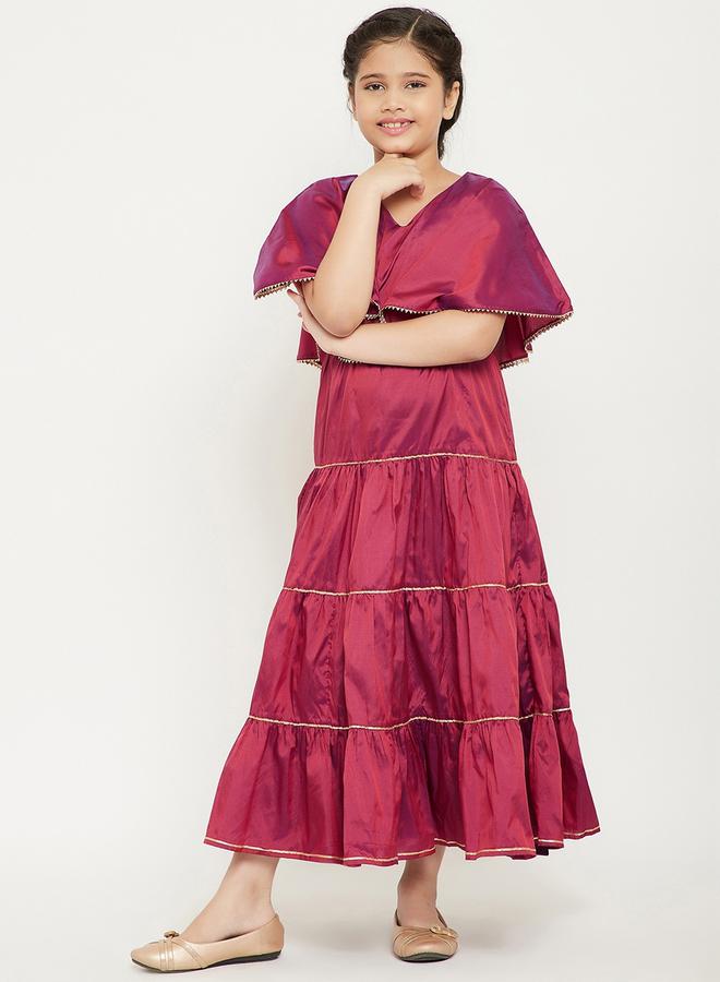 Stylo Bug Solid Cape Sleeves Tiered Maxi Dress by Styli  - Image 2
