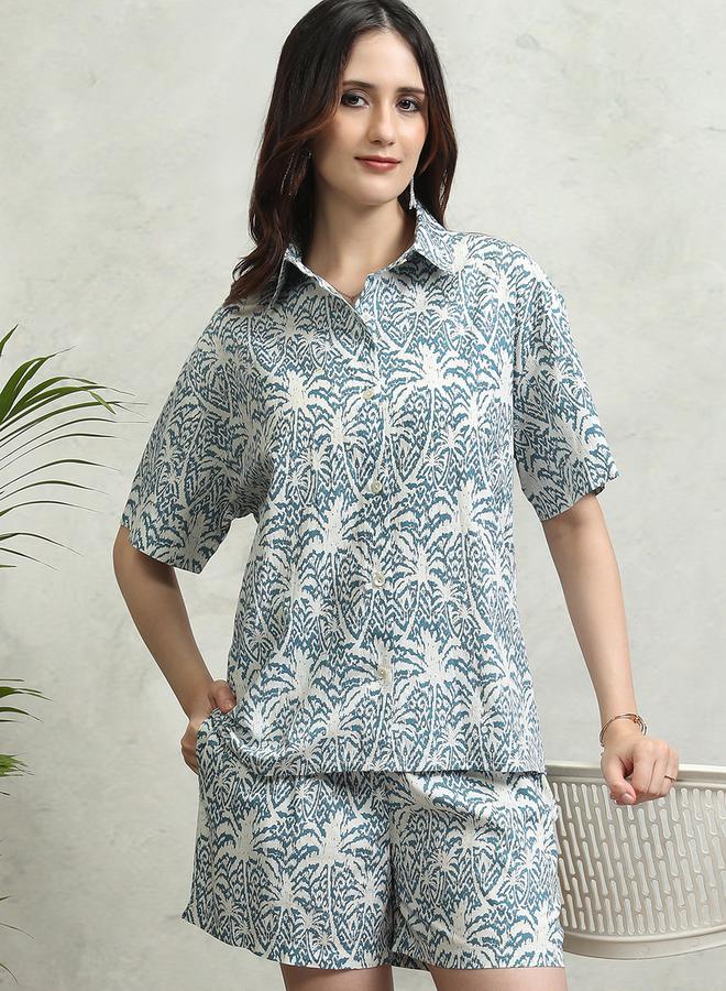 Tokyo Talkies All-Over Floral Print Collared Cotton Shirt and Mid Rise Shorts Co-Ords - Image 1