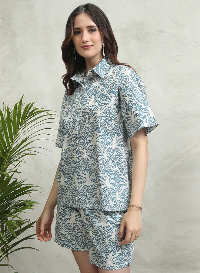 Tokyo Talkies All-Over Floral Print Collared Cotton Shirt and Mid Rise Shorts Co-Ords - Image 4