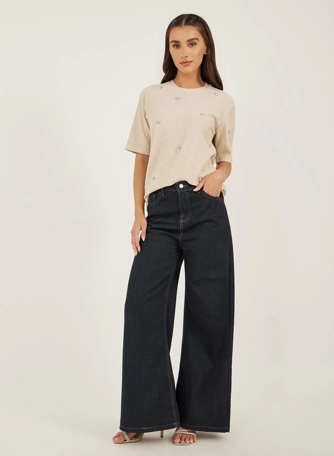 Styli Textured Embellished Round Neck Top