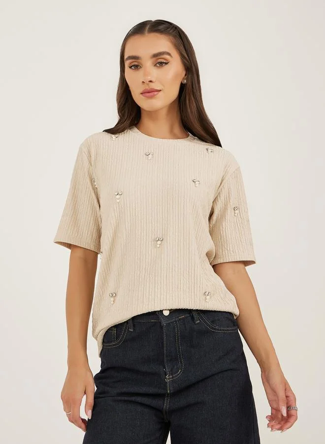 Styli Textured Embellished Round Neck Top