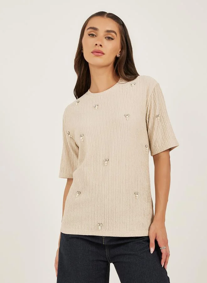Styli Textured Embellished Round Neck Top