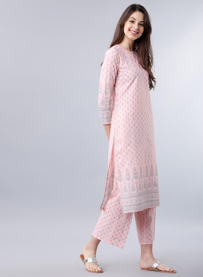 Vishudh - Women Pink Printed Cotton Kurta Set by Styli - Image 1