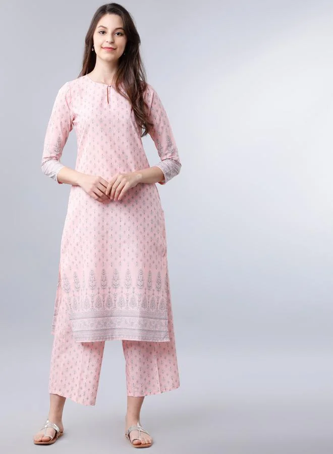 فيشود Women Pink Printed Cotton Kurta Set by Styli