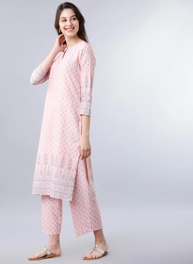 فيشود Women Pink Printed Cotton Kurta Set by Styli