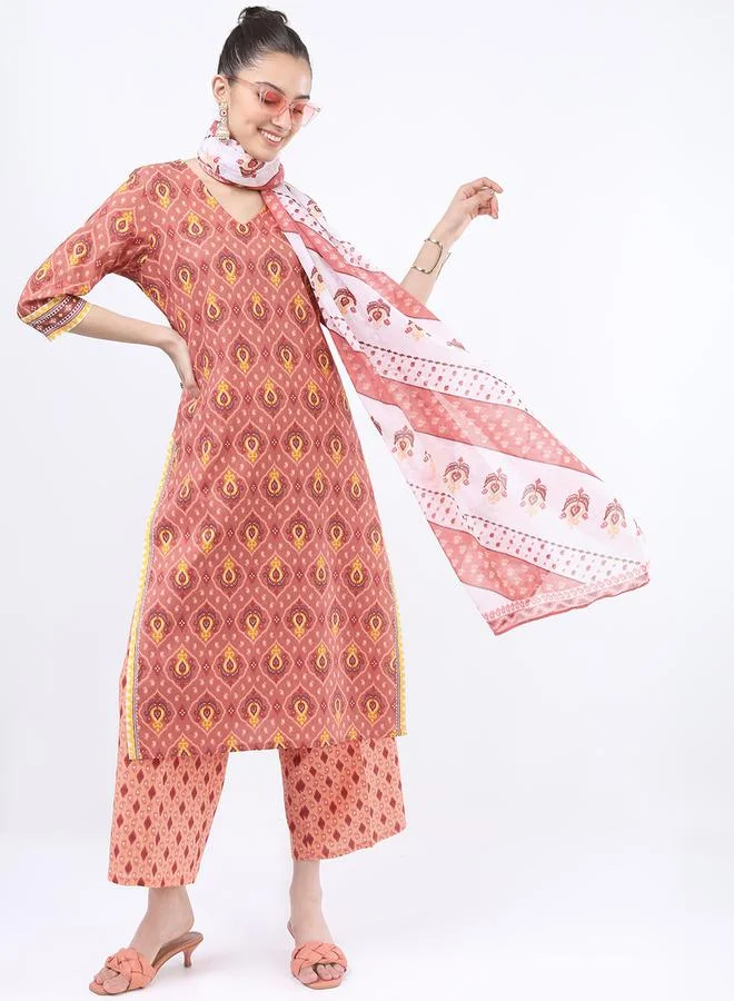 Vishudh Women Brown Printed Cotton Kurta Set with Dupatta by Styli
