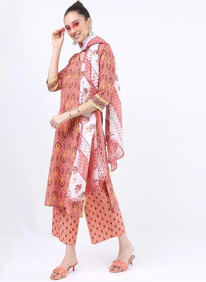 Vishudh Vishudh Women Brown Printed Cotton Kurta Set with Dupatta