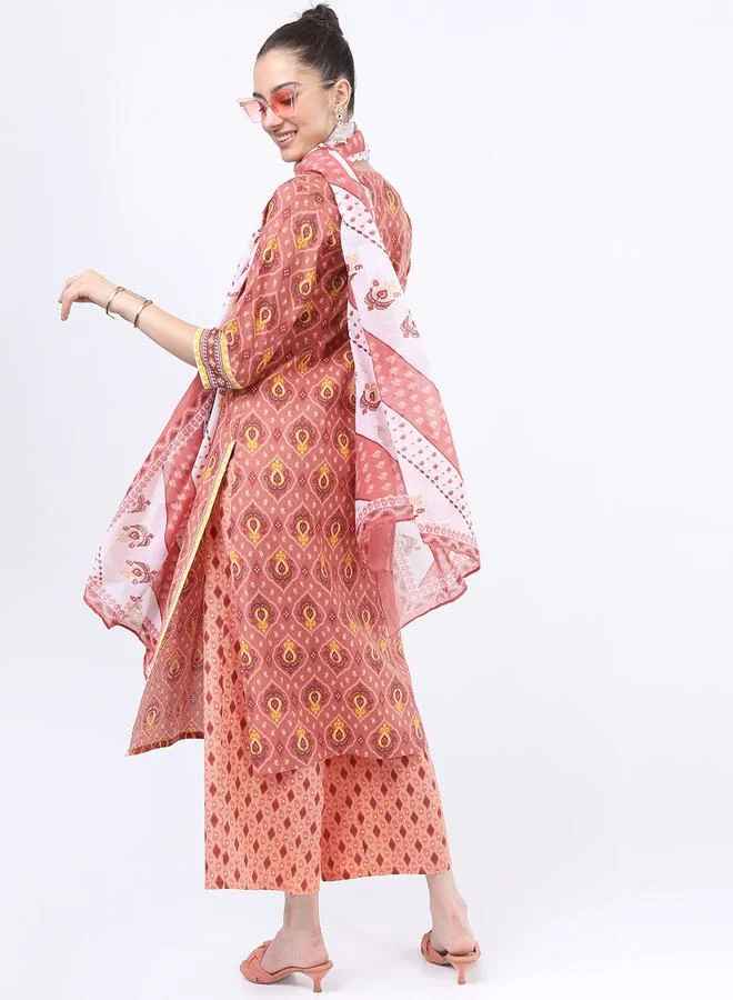 Vishudh Vishudh Women Brown Printed Cotton Kurta Set with Dupatta