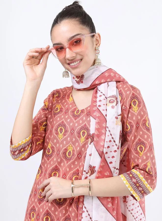 Vishudh Women Brown Printed Cotton Kurta Set with Dupatta by Styli