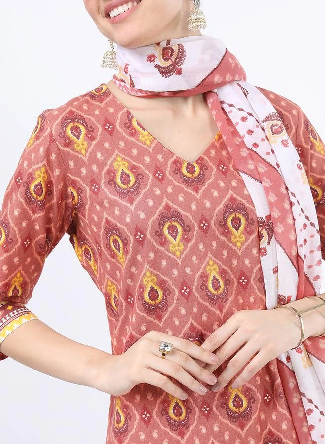 Vishudh Vishudh Women Brown Printed Cotton Kurta Set with Dupatta