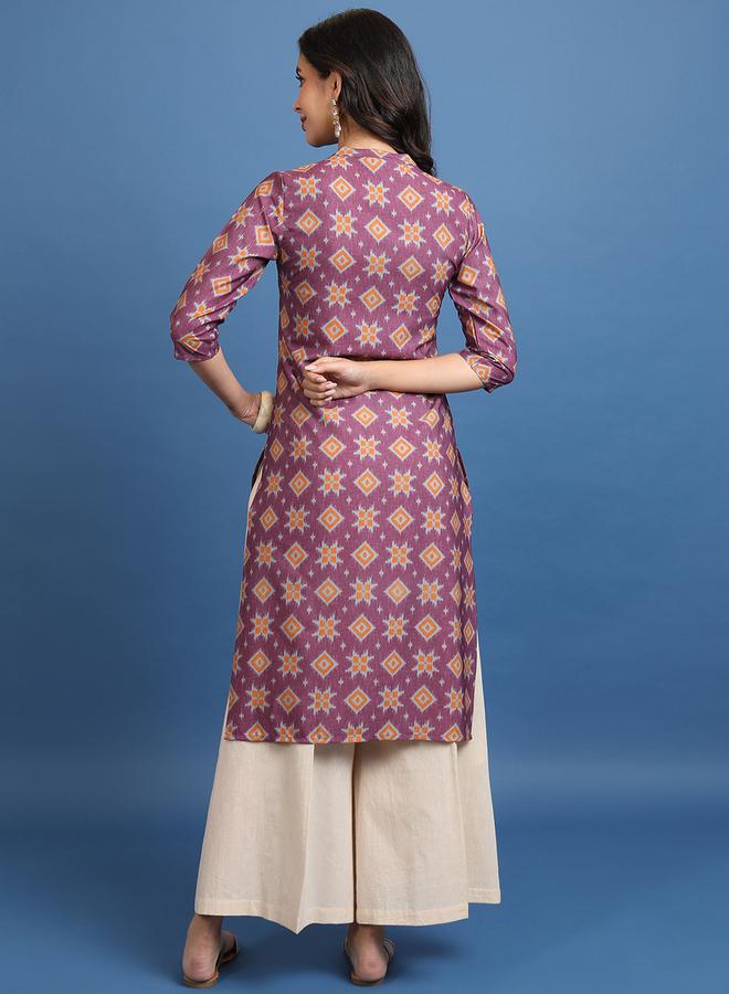 Vishudh - Burgundy Ethnic Motifs Printed Mandarin Collar Straight Kurta by Styli - Image 1