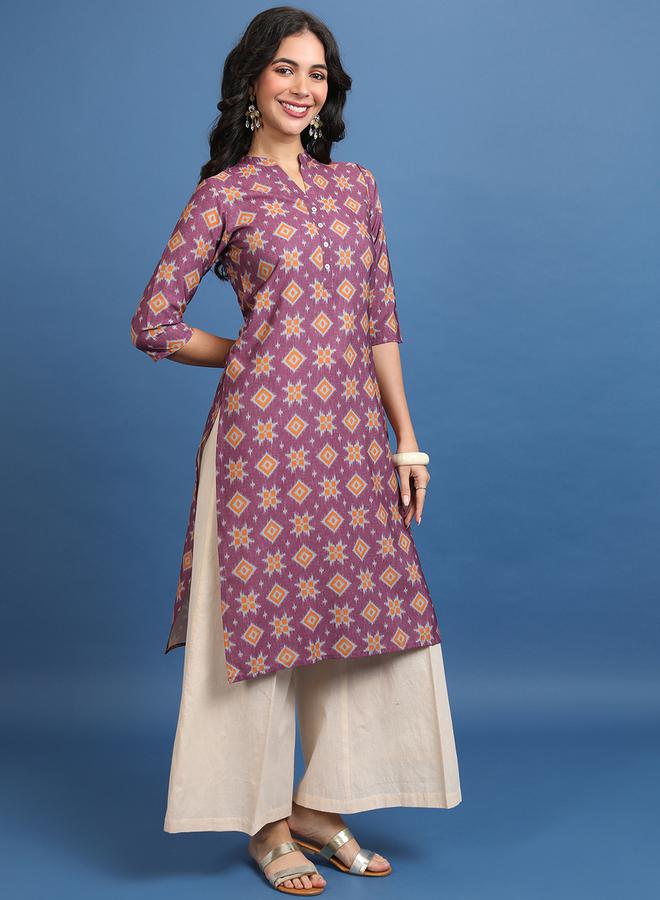 Vishudh - Burgundy Ethnic Motifs Printed Mandarin Collar Straight Kurta by Styli - Image 1