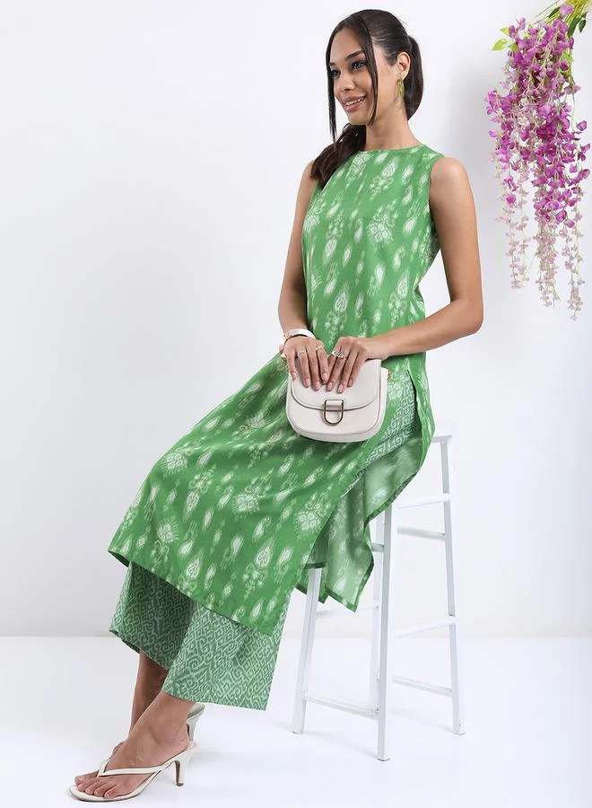 Vishudh Women Green Printed Kurta with Palazzo Pants by Styli
