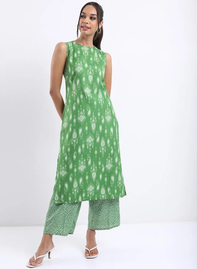 Vishudh Women Green Printed Kurta with Palazzo Pants by Styli