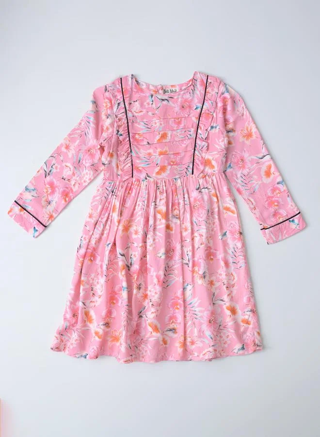 بيلا مودا All-Over Floral Print Fit and Flare Dress with Long Sleeves