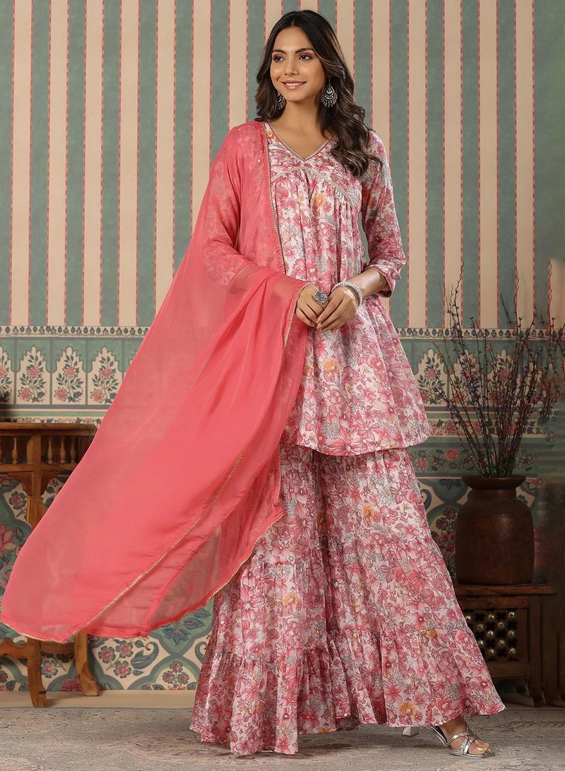 آي شين Regular Fit Three-Quarter Sleeve Printed Pink Cotton Woven Kurta Set For Women Flat Collar Perfect For Wedding And Engagement Pull On Closure