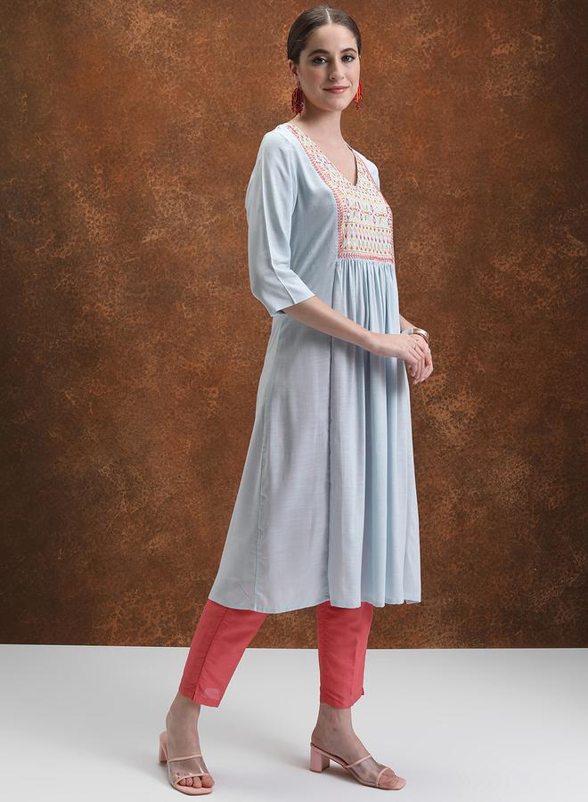 Vishudh Ethnic Motifs Yoke Design Pleated Mirror Work A-Line Kurta by Styli  - Image 4